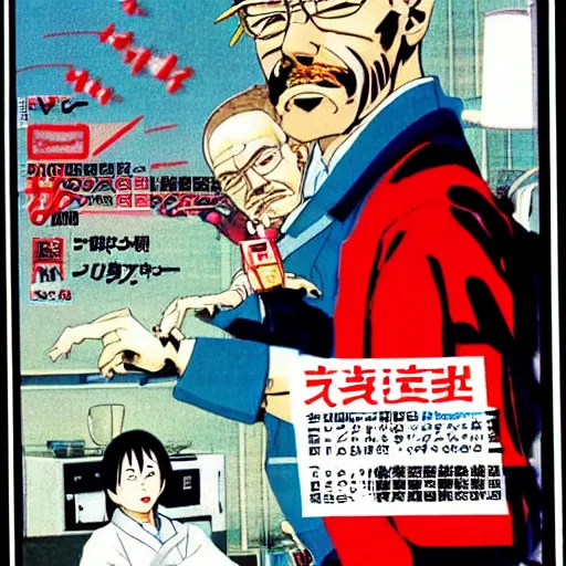 Prompt: japanese magazine advert for breaking bad anime, 1 9 8 5