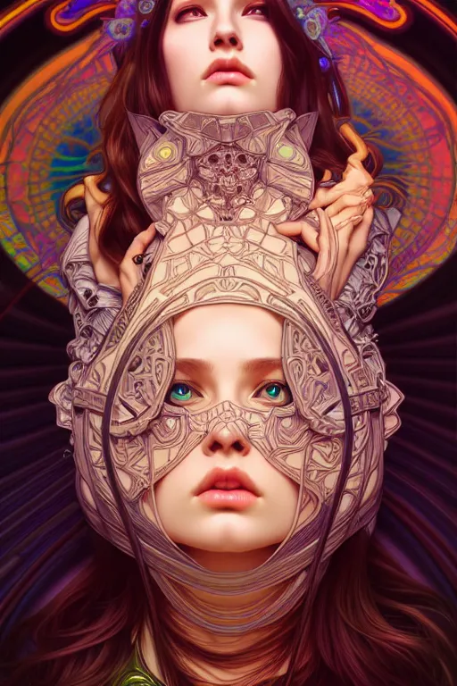 Image similar to overlord, psychedelic, portrait, highly detailed, deep focus, elegant, digital painting, smooth, sharp focus, illustration, ultra realistic, 8 k, art by artgerm and alphonse mucha