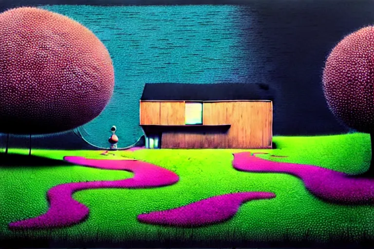 Image similar to surreal glimpse into other universe, house by kengo kuma, summer morning, very coherent and colorful high contrast, art by!!!! gediminas pranckevicius!!!!, geof darrow, floralpunk screen printing woodblock, dark shadows, hard lighting, stipple brush technique,