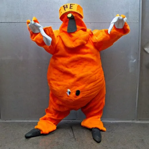 Image similar to chicken dressed as an inmate