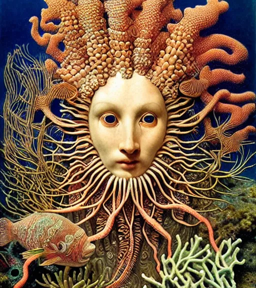 Prompt: hyperrealistic detailed underwater face portrait of the beautiful god of the fish with an intricate headgear of corals, sea kelp, sea plants, fish, starfish, jellyfish, art by ernst haeckel, james jean, john william godward, gothic, neo - gothic, ornamental, beautiful deep colours,