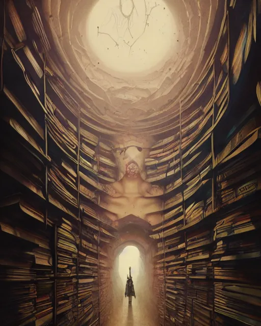 Image similar to highly detailed surreal vfx portrait of a villain in a catacomb of books, stephen bliss, unreal engine, greg rutkowski, loish, rhads, beeple, makoto shinkai and lois van baarle, ilya kuvshinov, rossdraws, tom bagshaw, alphonse mucha, global illumination, detailed and intricate environment