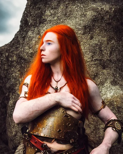 Prompt: north female warrior, red hair, ginger hair, long hair, fantasy, female Viking, high detailed, photography, cloudy, lightweight leather armour, Scandinavia, plain, detailed face, cute face, look into the distance, professional model, glowing skin, serious face, full body, professional photographer, masterpiece, 8k, 3D