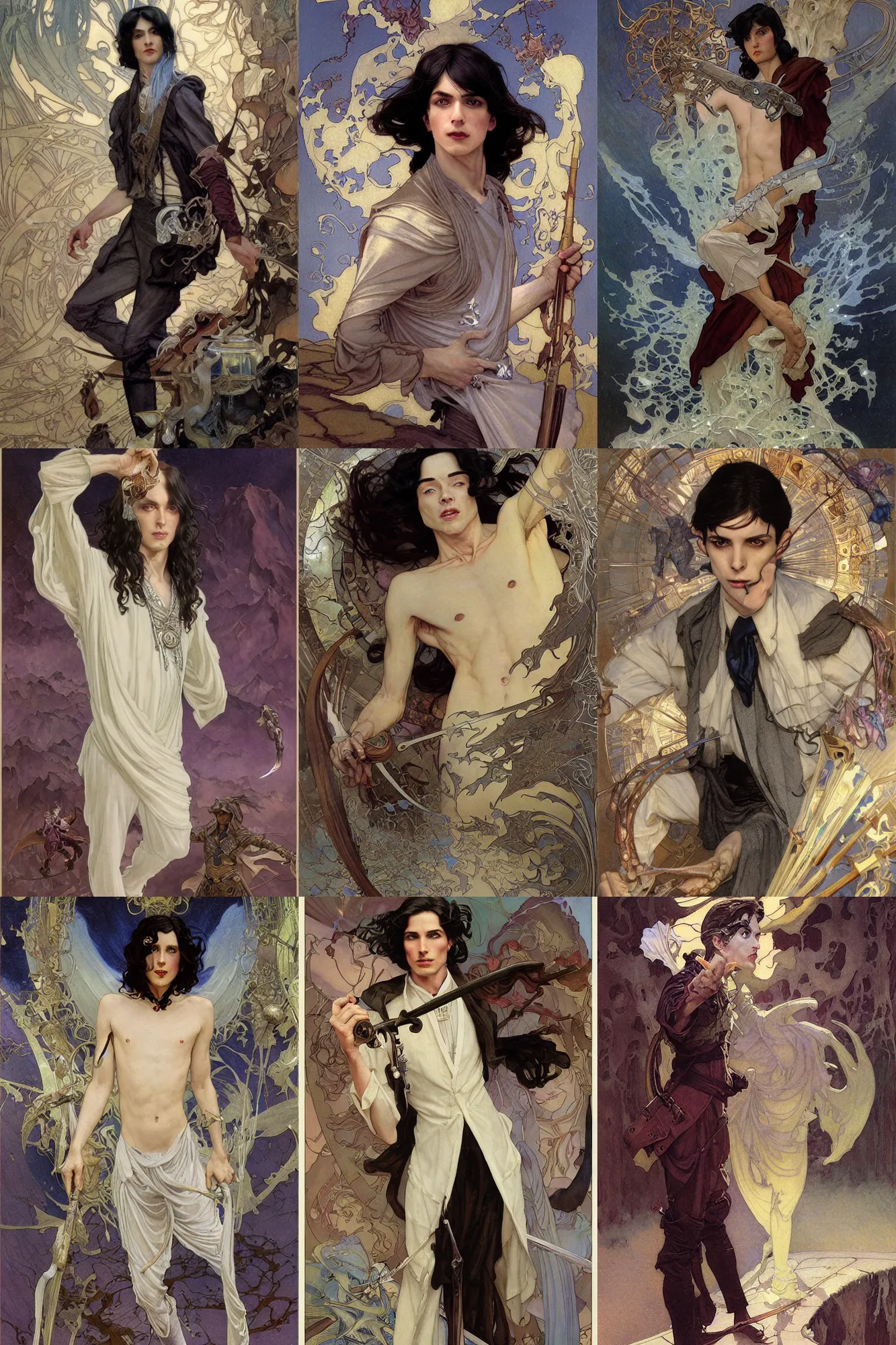 Prompt: thin young male mage, long dark hair, silver, 1 9 2 0 s fashion, fantasy, art by joseph leyendecker, donato giancola, dean cornwell, peter mohrbacher, ruan jia, marc simonetti, ayami kojima, cedric peyravernay, alphonse mucha, thomas kinkade, victo ngai