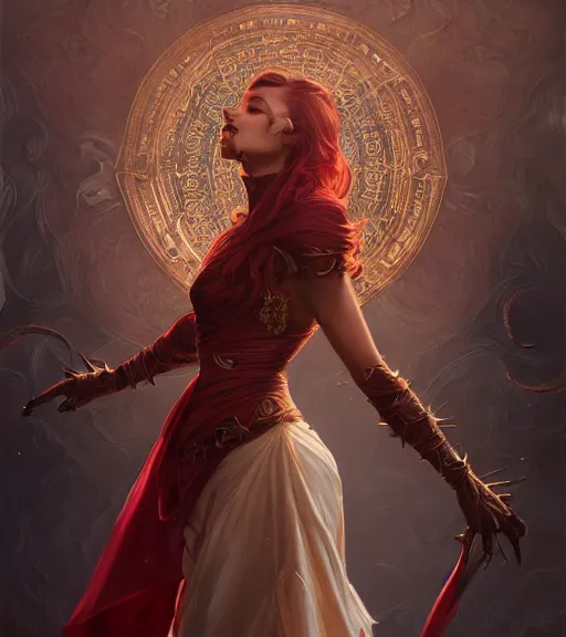 Prompt: demons, full dress, full body portrait, gentle, female, city landscape, d & d, fantasy, intricate, elegant, highly detailed, digital painting, red gold color palette, artstation, octane render, concept art, matte, sharp focus, illustration, hearthstone, art by artgerm and greg rutkowski and alphonse mucha