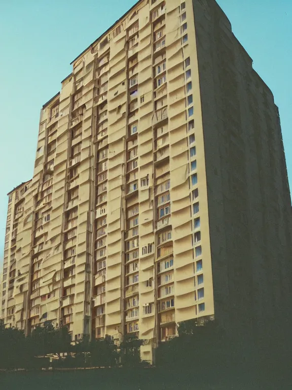 Prompt: soviet panel apartment building photo, extreme wide shot, golden hour, kodak gold 2 0 0, side - view