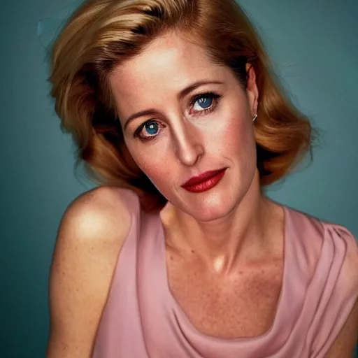 Prompt: photo of a gorgeous 40-year-old Gillian Anderson with a 1970s hairstyle by Mario Testino, detailed, head shot, award winning, Sony a7R -