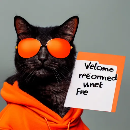 Prompt: A portrait photo of a cat wearing an orange hoodie and blue sunglasses holding a sign on his hand that says Welcome Friends on his hand, subject: cat, subject detail: wearing orange hoodie, wearing blue sunglasses, subject action: holding sign