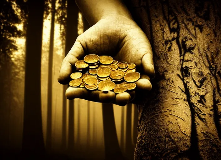 Prompt: old retro burnt out sepia photograph with scratches of an old and wrinkled hand holding a few golden coins with royal engravings. magical forest in the background with bokeh. Antique. High quality 8k. Intricate. Sony a7r iv 35mm. Award winning. Zdzislaw beksinski style