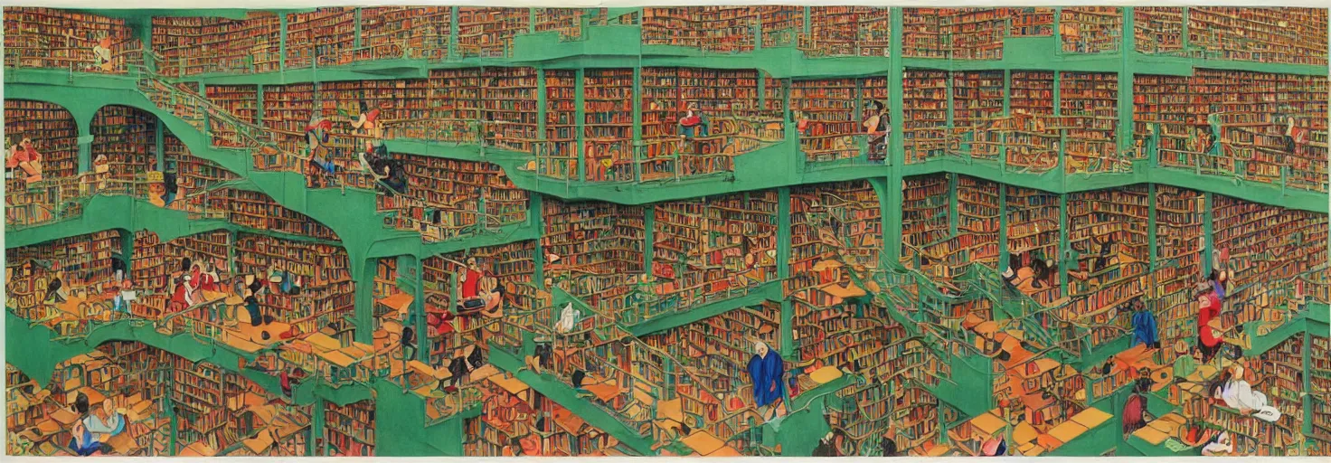 Image similar to a book store, customers are rabbit, by m. c. escher, yellow, green, red, snowy, ultra sharp, ultra detailed, happy, uplifting, colorized by salvador dali