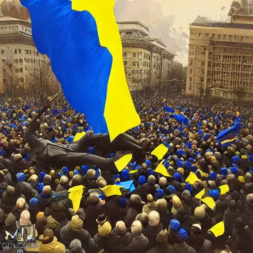 Prompt: a crowd of people with blue and yellow ukrainian flags overthrow and bring down the statue of vladimir lenin, photorealistic, highly detailed, artstation, smooth, sharp focus, art by michael whelan, artgerm, greg rutkowski and alphonse mucha