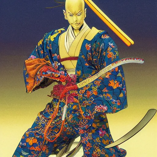 Prompt: colorful illustration of samurai, by hajime sorayama and carl spitzweg and junji ito