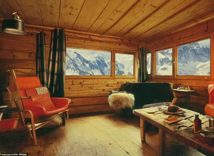 Image similar to a 3 5 mm kodachrome photo of a cozy cabin in the swiss alps in the 1 9 5 0's