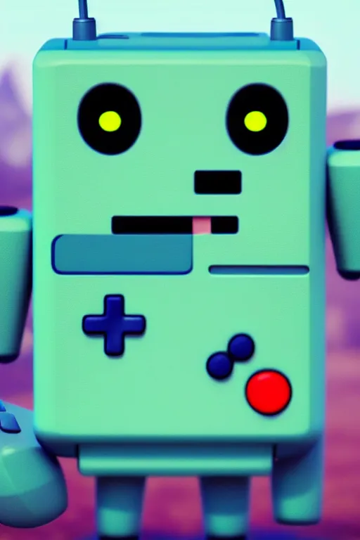 Prompt: A realistic image of an anthropomorphic gameboy BMO from adventure time, accurate, unreal engine, 4k