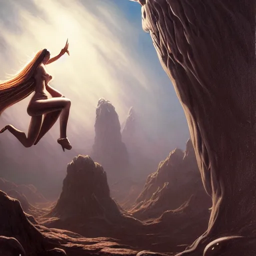 Image similar to highly detailed painting of sasha grey fighting a looming demigod, dramatic, sense of scale, stephen bliss, unreal engine, greg rutkowski, ilya kuvshinov, ross draws, hyung tae and frank frazetta, tom bagshaw, tom whalen, nicoletta ceccoli, mark ryden, earl norem, global illumination, god rays, windswept