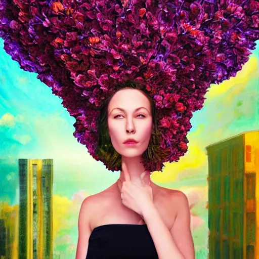 Image similar to giant flower under head, woman next to modern windows, luxury apartment, surreal photography, dramatic light, impressionist painting, digital painting, artstation, arthur adams