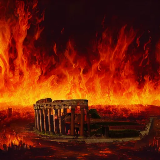 Prompt: Painting of the great fire of rome, abstract, realism, 8k, detailed, terror, octane render, 3d render, complex, emotion