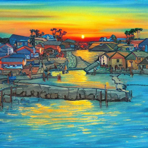 Image similar to sunset on a village by the sea, colorful, trending on artstation