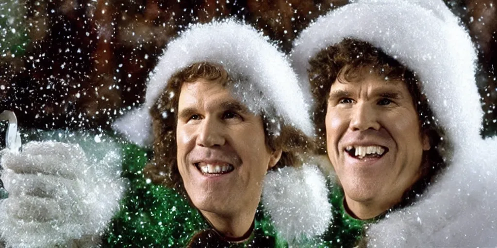 Image similar to ultra wide angle photo of will ferrel dressed as buddy the elf, from the movie elf, looking at himself in a bathroom mirror and seeing his reflection as bumble, the abominable snow monster from the north