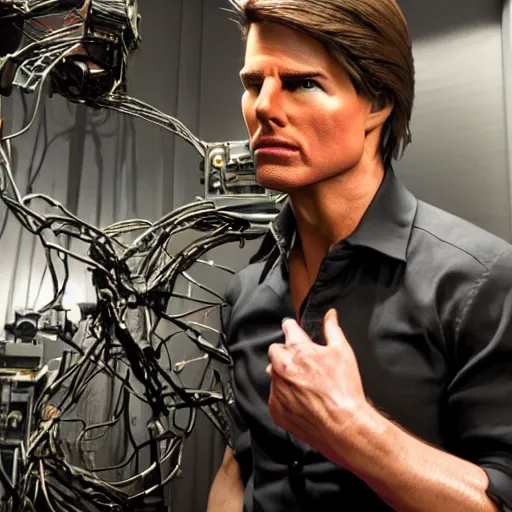 Image similar to animatronic Tom Cruise, exposed wires, photo, Stan Winston studios, detailed, 4k