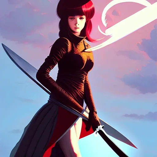 Image similar to a woman holding a sword with a dragon on it, concept art by Ilya Kuvshinov, contest winner, fantasy art, official art, concept art, high detail, experimental, high quality, hyperrealistic, 4k