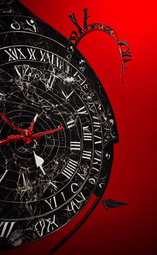 Image similar to a melting Roman numeral clock, behind a red and black gradient background, awith a black heart shaped on the top left corner and a black diamond card shape in the bottom right corner, dynamic lighting, photorealistic fantasy concept art, trending on art station, stunning visuals, cinematic, creative, ultra detailed