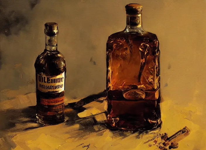 Image similar to impasto oil painting of whiskey bottle, art by anders zorn, wonderful masterpiece by greg rutkowski, beautiful cinematic light, american romanticism by greg manchess, creation by tyler edlin