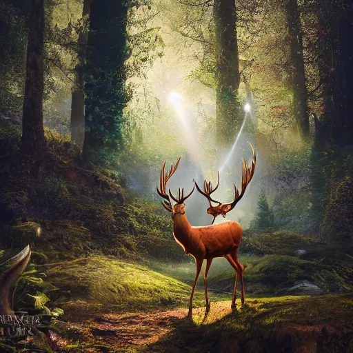 Image similar to photography of an hyper realistic elven, celestial highly detailed stag, in a magical highly detailed forest background. sunlight rays throught the trees. concept art 8 k rendering.