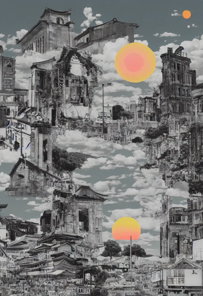 Prompt: sightseeing in hiroshima japan, picturesque view of the atomic bomb dome memorial ruin, a photo collage detailed painting, in the style of wes anderson, lola dupre, david hockney, rene magritte, isolated on negative white space background, dark monochrome with neon airbrush accents, volumetric octane render