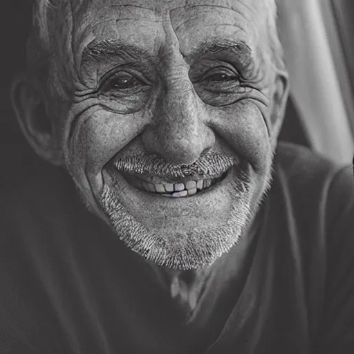 Prompt: an unseen smiling old man seen through a window