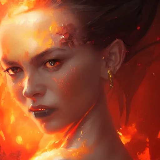 Image similar to a beautiful portrait of a fire goddess by greg rutkowski and raymond swanland, trending on artstation, flaming background, ultra realistic digital art