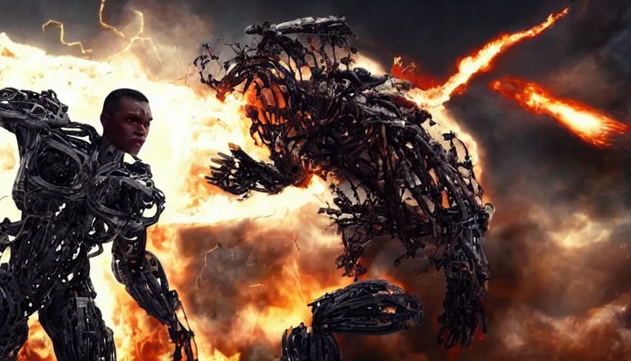 Image similar to big budget action movie about a demonic battle cyborg smashing up a science lab