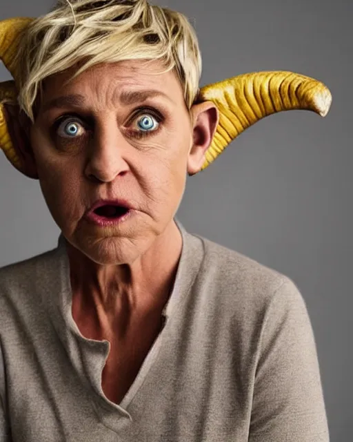 Prompt: angry ellen degeneres as a goat person, she looks like a demonic mythological satyr with yellow goat eyes with horizontal pupils, long goat like ears, and goat horns on her head, 8 k, photo shoot, 9 inch kershaw soft focus lens f / 5. 6 bokek