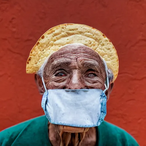 Image similar to an elderly man wearing a mask made from a tortilla, bold natural colors, national geographic photography, masterpiece, 8 k, raw, unedited, symmetrical balance