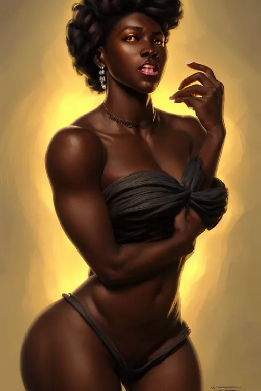 Prompt: clear portrait of a black attractive women, cottagecore!!, background hyper detailed, character concept, full body, dynamic pose, glowing lights!! intricate, elegant, highly detailed, digital painting, artstation, concept art, smooth, sharp focus, illustration, art by artgerm and greg rutkowski and alphonse mucha
