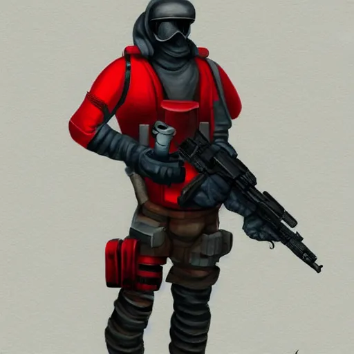 Prompt: character concept design of a red hazmat holding an SMG in a dark hallway, trending on artstation