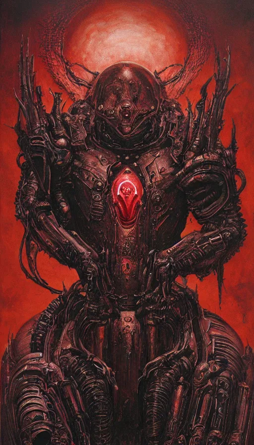 Image similar to Doom themed painting of symmetrical torso black and crimson inferno armor with extended evil armored hands concept, intricate artwork by H.R. Giger, Johnatan Wayshak, Zdizslaw Beksinski, Ayami Kojima, Amano, Karol Bak, Moebius, and Mark Brooks, Neo-Gothic, gothic, rich deep colors, art by Takato Yamamoto, masterpiece, face by Artgerm, very coherent artwork, cinematic, hyper realism, high detail, octane render, unreal engine, 8k, High contrast, golden ratio, trending on cgsociety