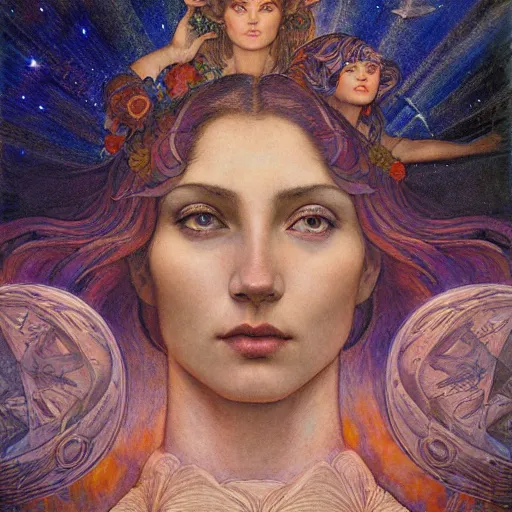 Prompt: queen of the moon with stars in her hair, by annie swynnerton and tino rodriguez and nicholas roerich and jean delville and donato giancola and diego rivera and tom bagshaw and evelyn demorgan, dramatic lighting, god rays, geometric tattoos, rich colors, smooth sharp focus, extremely detailed, adolf wolfli