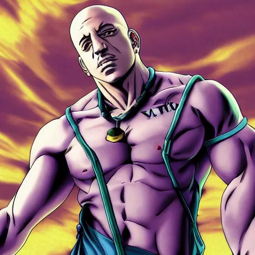 Image similar to Digital painting of Vin Diesel walking like a Italian model in JoJo\'s Bizzare Adventure anime style, official media from JoJo\'s Bizzare Adventure, highly detailed, sharp focus, 1990 manga panel, anime, ArtStation, art by Hirohiko Araki