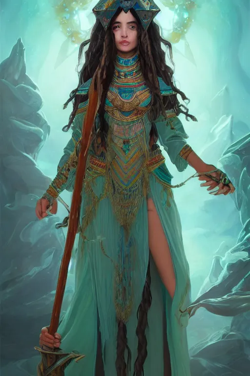 Prompt: beautiful wizard female with teal skin, full body shot, long hair made of seaweeds, egyptian clothing, with a wooden stuff, d & d, fantasy, intricate, elegant, highly detailed, digital painting, artstation, concept art, matte, sharp focus, illustration, hearthstone, art by artgerm and greg rutkowski and alphonse mucha