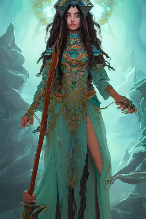 Image similar to beautiful wizard female with teal skin, full body shot, long hair made of seaweeds, egyptian clothing, with a wooden stuff, d & d, fantasy, intricate, elegant, highly detailed, digital painting, artstation, concept art, matte, sharp focus, illustration, hearthstone, art by artgerm and greg rutkowski and alphonse mucha