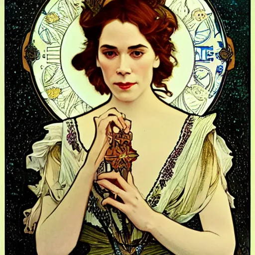 Prompt: sara paulson portrait by louis - theophile hingre and alphonse mucha, realistic, sharp focus, zodiac signs, tarot cards, planets, ethereal, art nouveau, magic, moon, sun, crown, dreamy, royal, jewellery