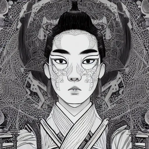 Image similar to the portrait of an unbelievably beautiful, elegant, sensual, and sophisticated young japanese samurai, an ultrafine detailed illustration by james jean, intricate linework, bright colors, final fantasy, behance contest winner, vanitas, angular, altermodern, unreal engine 5 highly rendered, global illumination, radiant light, detailed and intricate environment