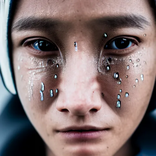 Image similar to photographic portrait of a poor techwear woman with tears in her eyes, closeup, sigma 85mm f/1.4, 4k, depth of field, high resolution, 4k, 8k, hd, full color