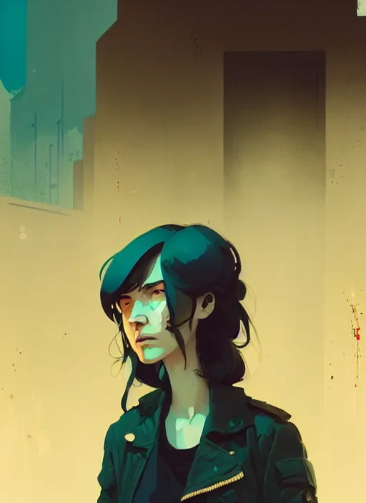 Image similar to highly detailed portrait of a moody dystopian young adult lady by atey ghailan, by greg rutkowski, by greg, tocchini, by james gilleard, by joe fenton, by kaethe butcher, gradient yellow, black, brown and cyan color scheme, grunge aesthetic!!! ( ( graffiti tag city background ) )