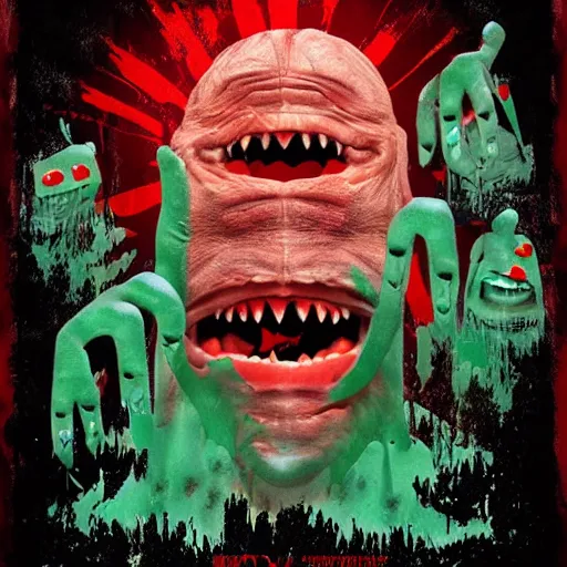 Image similar to a movie poster for the live action horror movie nostril snot angry monster invaders from pimple face. photograph collage horror poster.