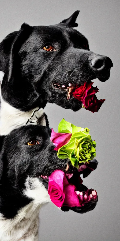 Prompt: black dog holding rose in his mouth, bright green eyes, studio lighting, 4 k, realistic, chromatic abberation, global illumination