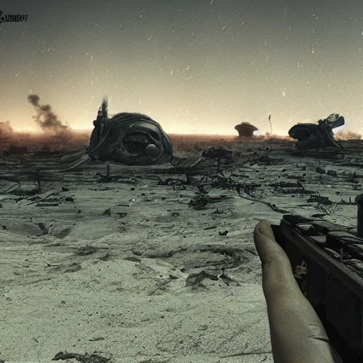 Prompt: photorealistic, detailed, last day on earth dark, wasteland, aliens invading earth, destroyed