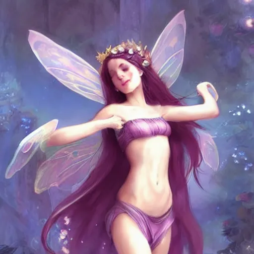 Image similar to very very very beautiful fairy princess with fairy wings, bare midriff, one foot raised off the ground, full body portrait, eye contact, smiling, flirty, perfect face, perfect body, drawn by charlie bowater and john william waterhouse