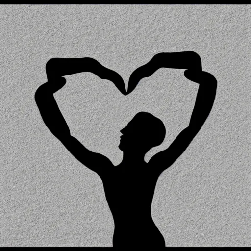 Prompt: clean black and white print on white paper logo of a symmetric heart with a stylized gymnast human body silhouette inside by carolyn davidson 1 2 3 4 5 5